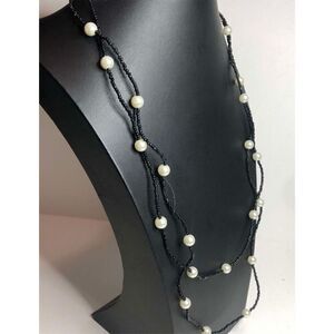 1218 Lia Sophia black beaded faux pearl long layering necklace 60"